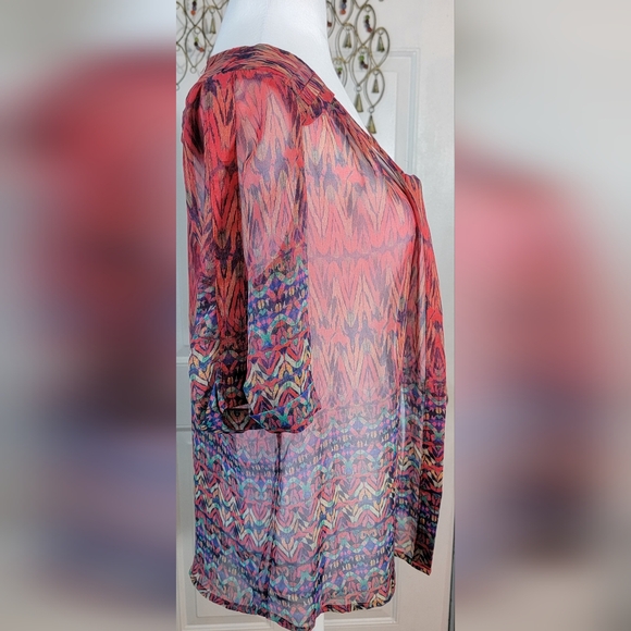 Skies are Blue Sheer Blouse Women's S Petie Multi-colored Abstract Short Sleeved - Picture 4 of 12